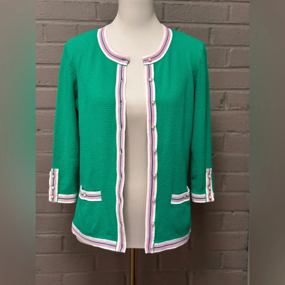 Talbots Green Cardigan with Pink and White Trim XS